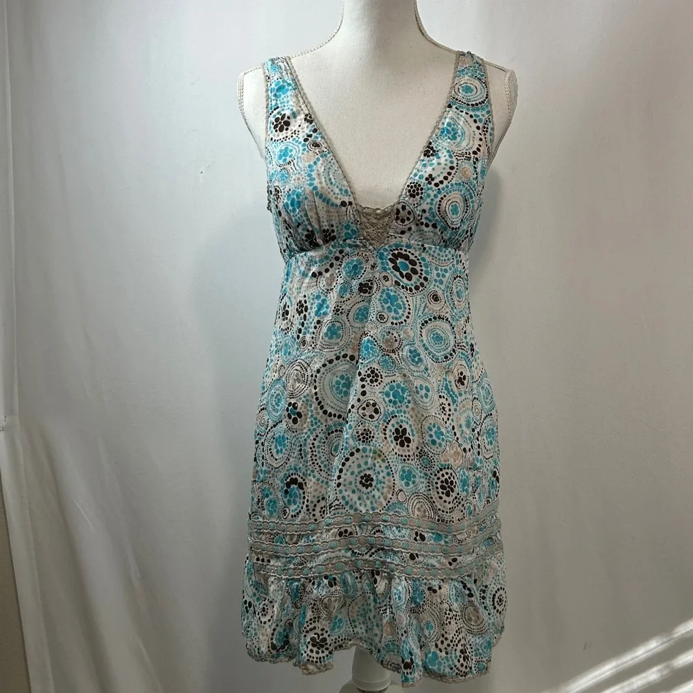 Free People Mini Dress Size 8 Blue Brown Floral Print Sleeveless‎ Summer